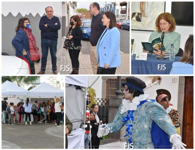 Recepción a Olga Manzano (superior izquierda) e imágenes de la jornada de este viernes de la Feria del Libro de Telde.